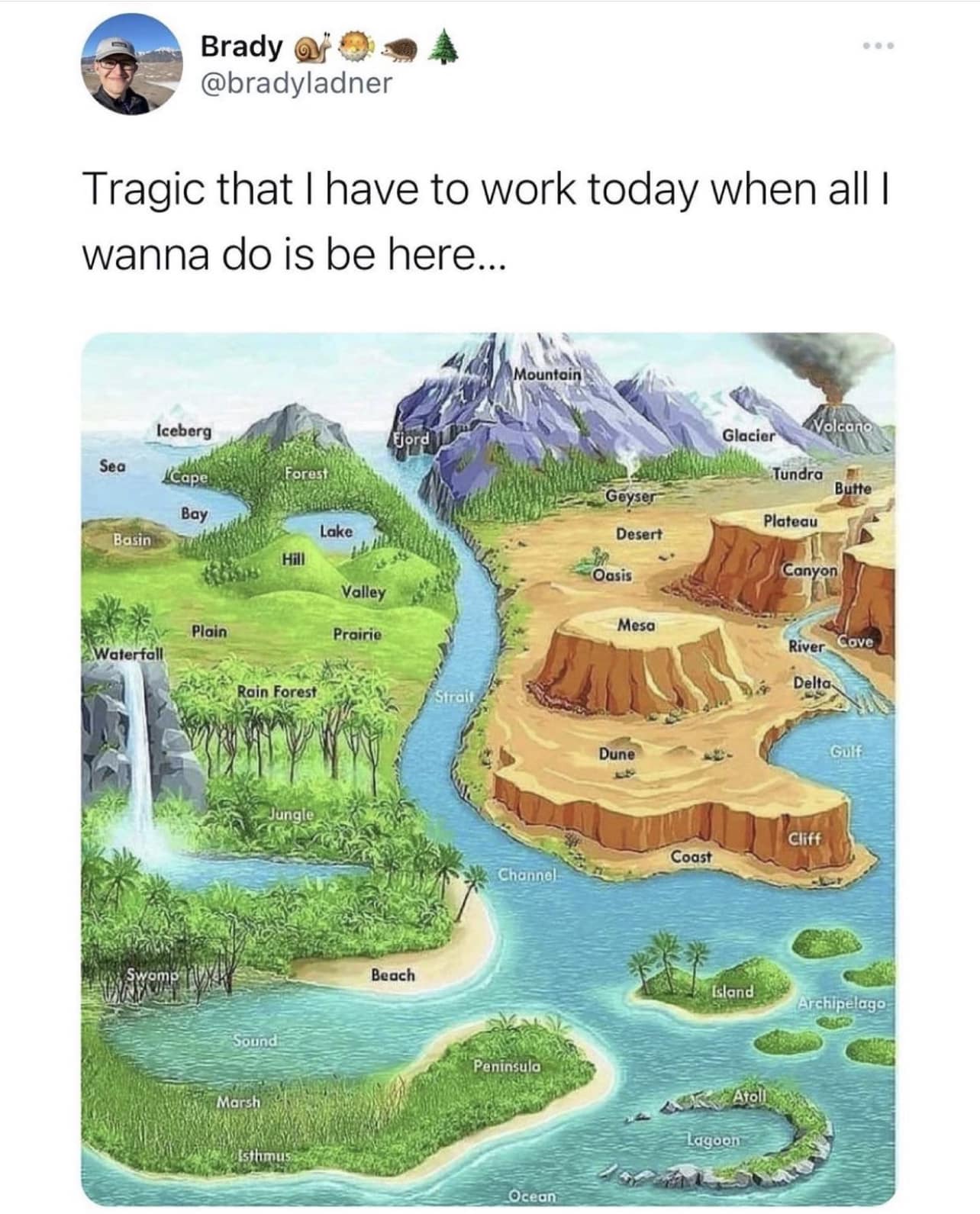 This meme is a humorous take on the common phrase "I have to work today when I'd rather be doing something else." The image is a fantastical, cartoon-like map of a world that includes a variety of environments, such as mountains, forests, and oceans. The text at the top reads, "Tragic that I have to work today when all I want to do is be in one of these places."